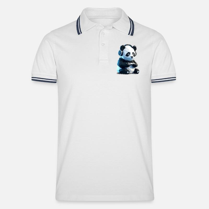 Gaming Panda mit Headset & Controller - Männer Tipped Poloshirt - Weiß/Navy