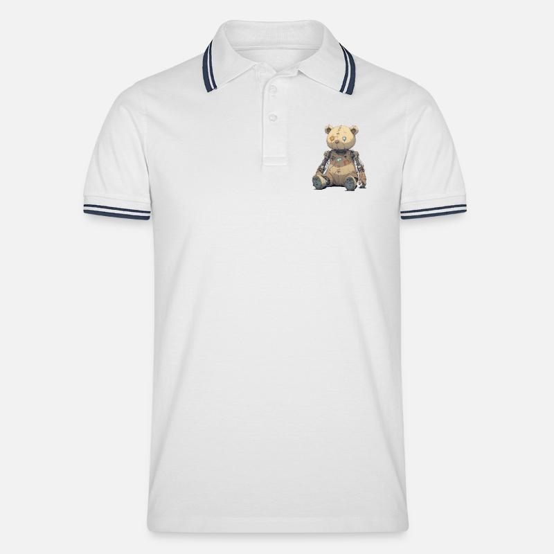 Geflickter Teddybär in Rusty Robot - Männer Tipped Poloshirt - Weiß/Navy