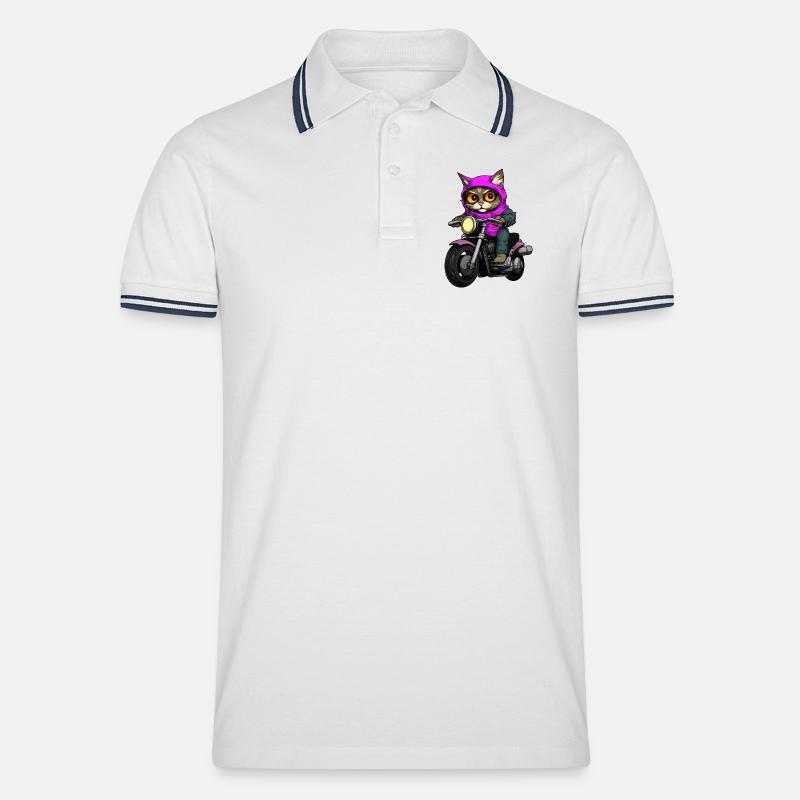 Katzen Motorradfahrer / Motorrad Katze - Männer Tipped Poloshirt - Weiß/Navy