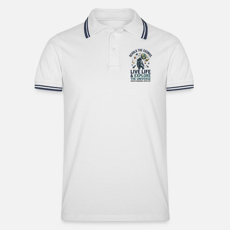 Kosmosheld: Lebe Leben, Erkunde Universum - Männer Tipped Poloshirt - Weiß/Navy