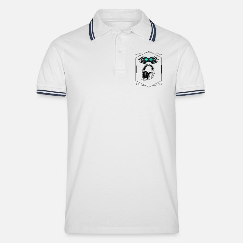 Futuristischer flammender Controller und Gaming-Headset - Männer Tipped Poloshirt - Weiß/Navy