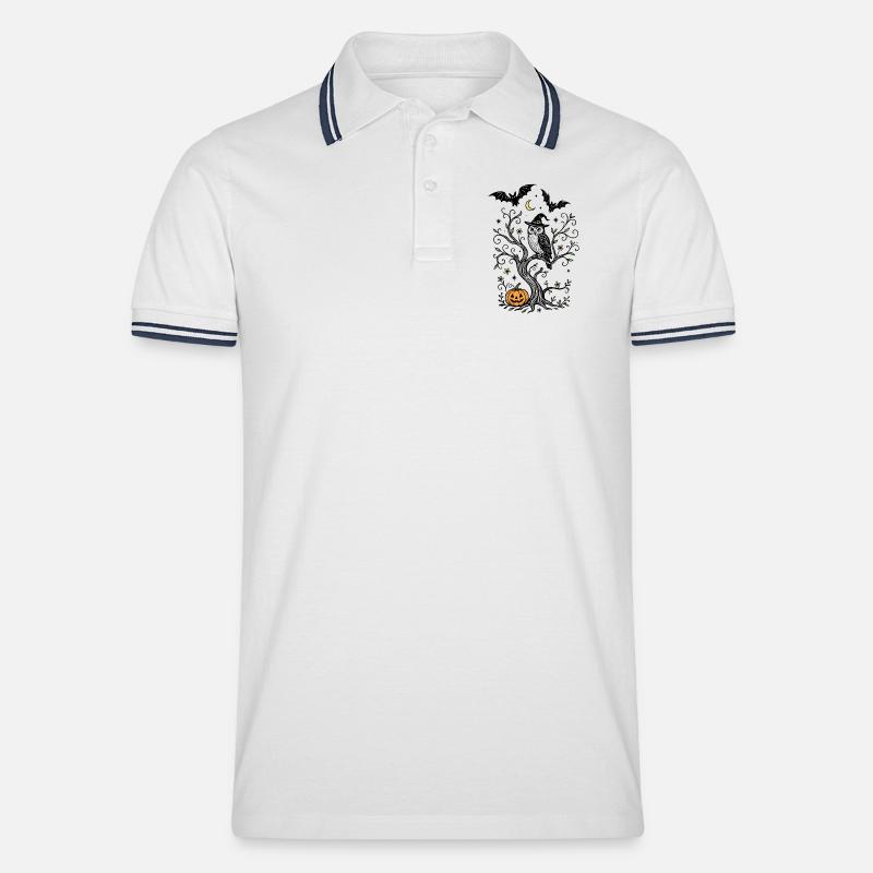 Hexeneule im Baum mit Kürbis - Halloween - Männer Tipped Poloshirt - Weiß/Navy