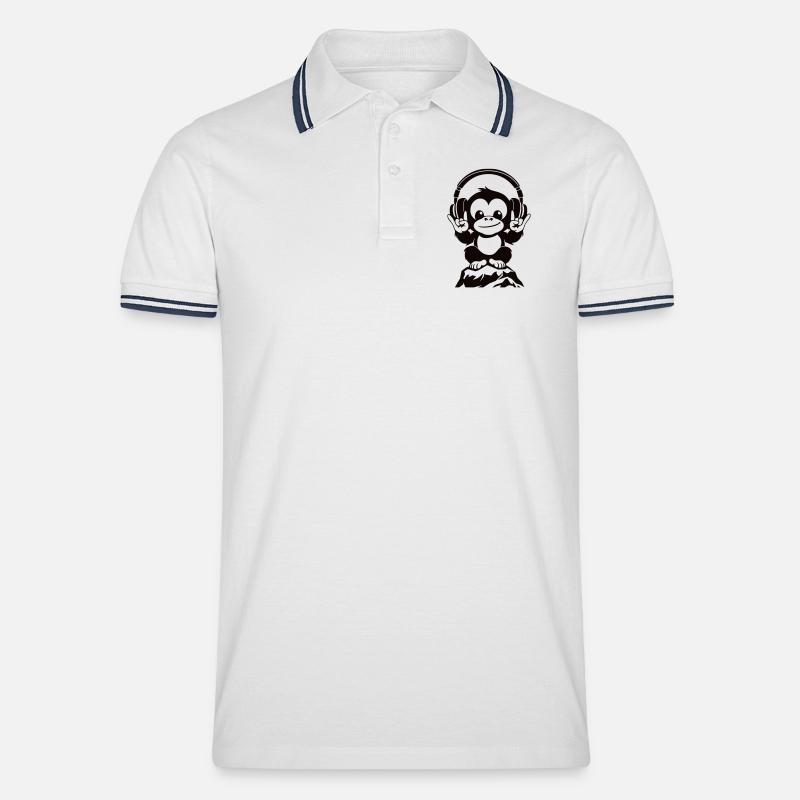 DJ Affe – Kopfhörer & Rockhandzeichen - Männer Tipped Poloshirt - Weiß/Navy