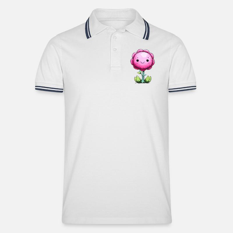 Kuschelige Pink Blume Gesicht - Männer Tipped Poloshirt - Weiß/Navy