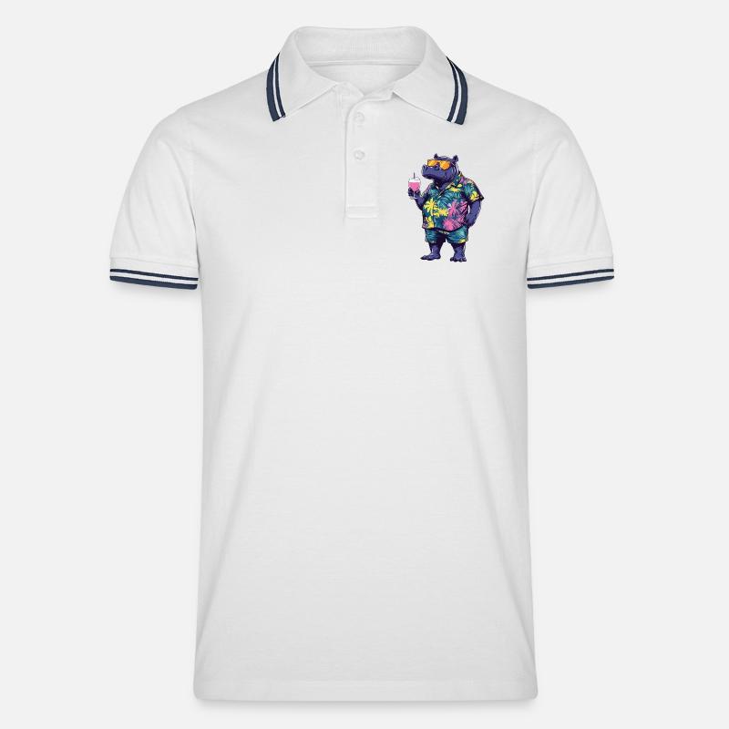 Nilpferd Comic Sommer - Männer Tipped Poloshirt - Weiß/Navy