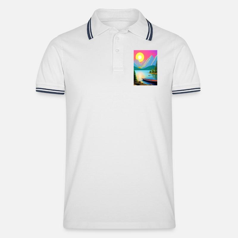 Landschaft mit See, Boot und Berge - Männer Tipped Poloshirt - Weiß/Navy