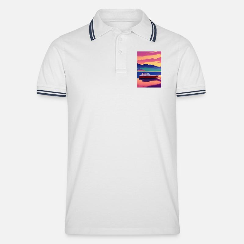 Landschaft mit See, Boot und Berge - Männer Tipped Poloshirt - Weiß/Navy