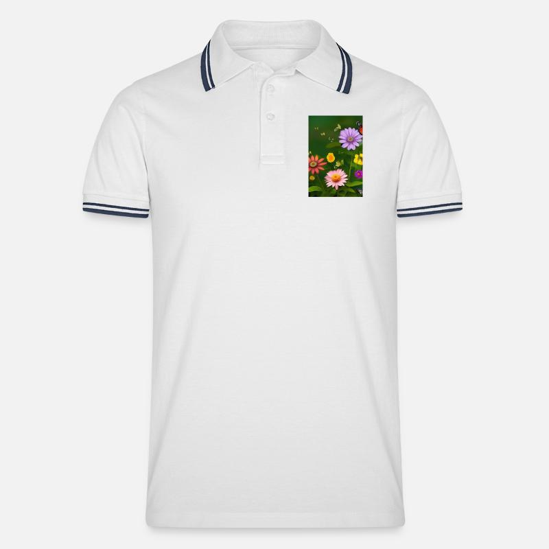 Blumen und Schmetterling - Männer Tipped Poloshirt - Weiß/Navy