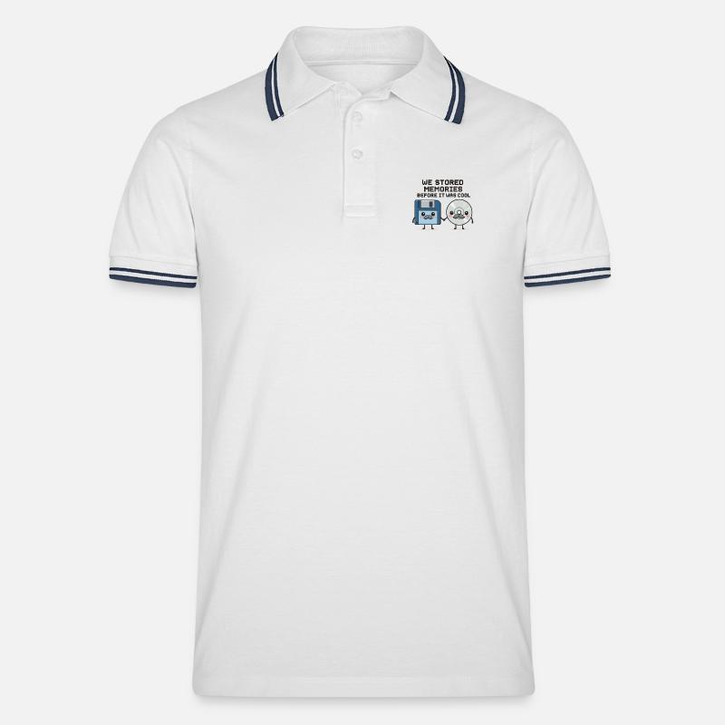 Kawaii Oldschool Tech – Diskette & CD Cartoon - Männer Tipped Poloshirt - Weiß/Navy