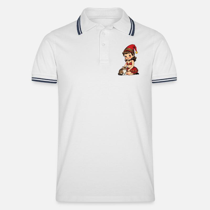 Gnom-Mädchen streichelt Katze - Männer Tipped Poloshirt - Weiß/Navy