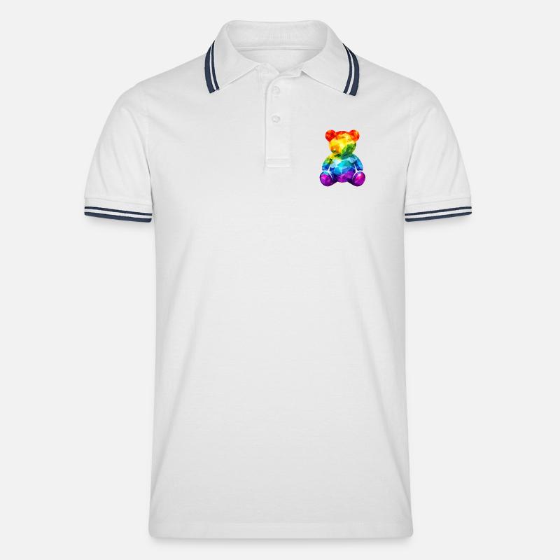 Rainbow teddy bear in geometric pattern - Men's Tipped Polo Shirt - white/navy