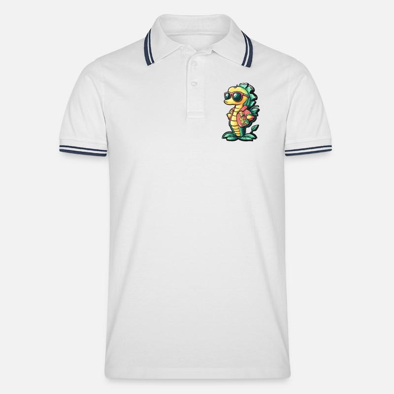 Seepferd Comic Urlaub - Männer Tipped Poloshirt - Weiß/Navy