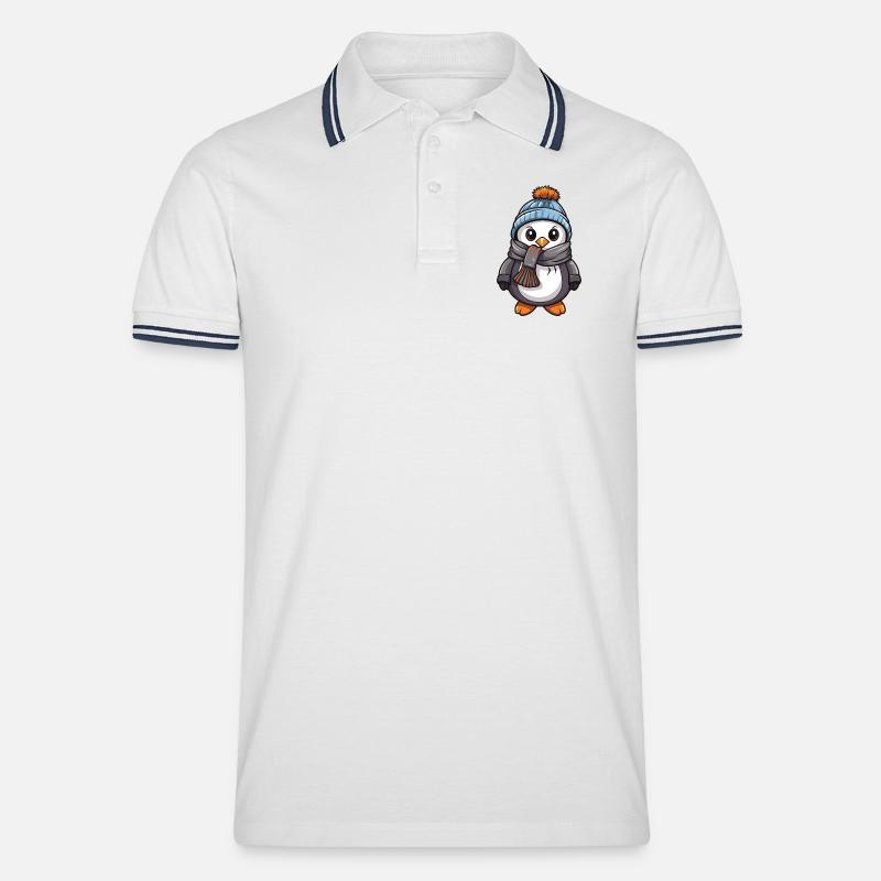 Pinguin Comic Niedlich Winter - Männer Tipped Poloshirt - Weiß/Navy