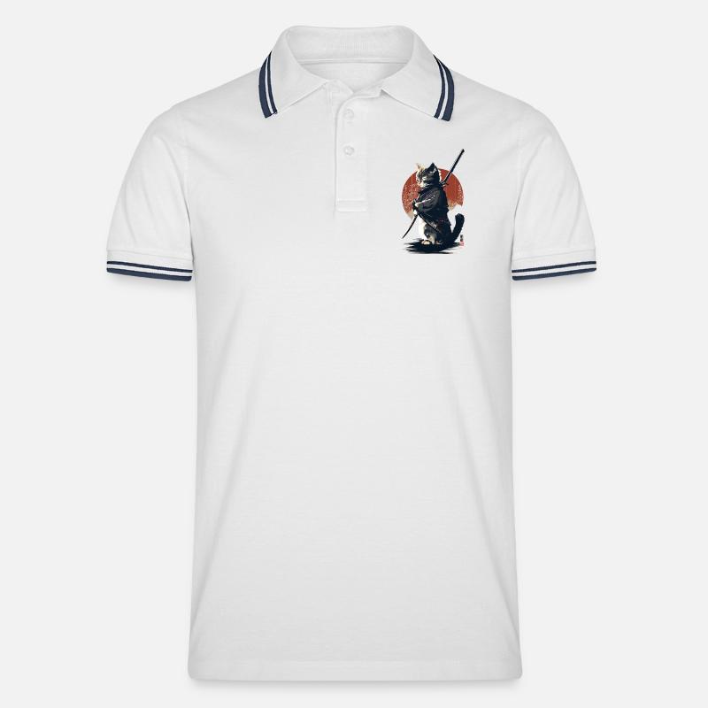Kawaii Neko Samurai : Katzen-Samurai - Männer Tipped Poloshirt - Weiß/Navy