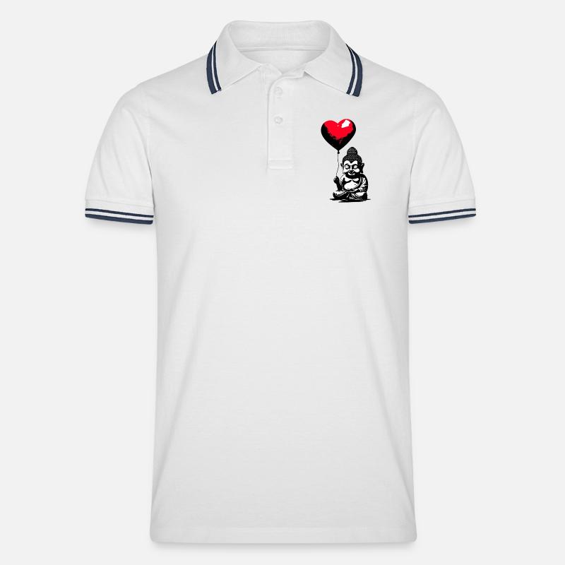 Buddha mit Herz Luftballon - Heartful Creatures - Männer Tipped Poloshirt - Weiß/Navy