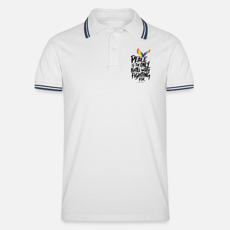 Feurige Regenbogentaube mit Friedenstext - Männer Tipped Poloshirt - Weiß/Navy