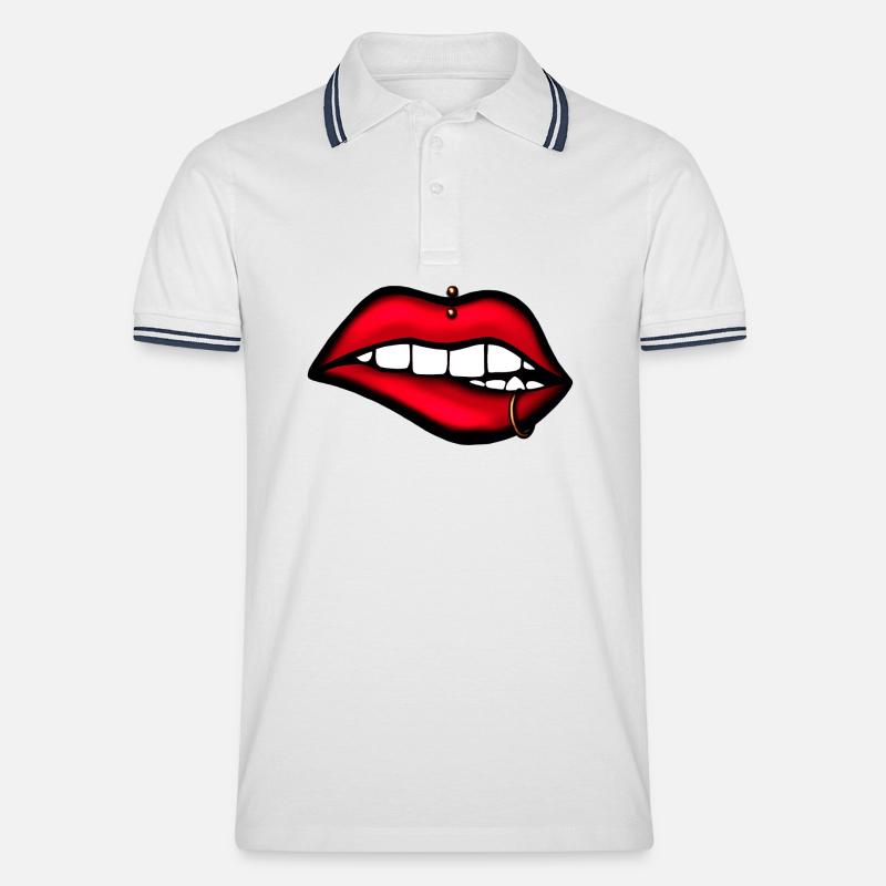 Lippen mit Piercing – Ästhetisches Design - Männer Tipped Poloshirt - Weiß/Navy