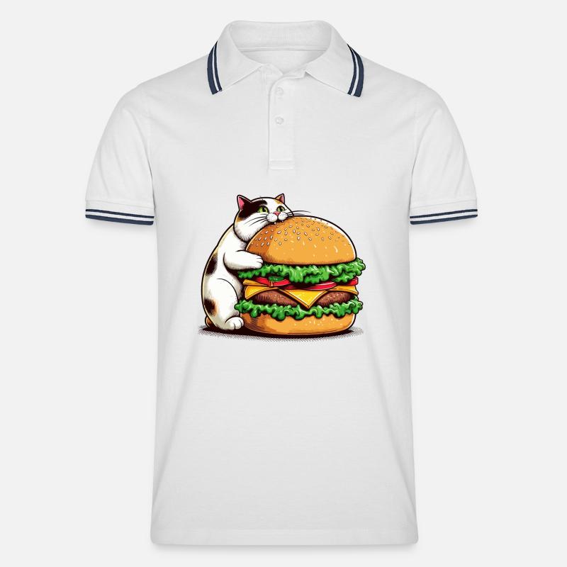 Gourmet-Katze und Hamburger - Männer Tipped Poloshirt - Weiß/Navy