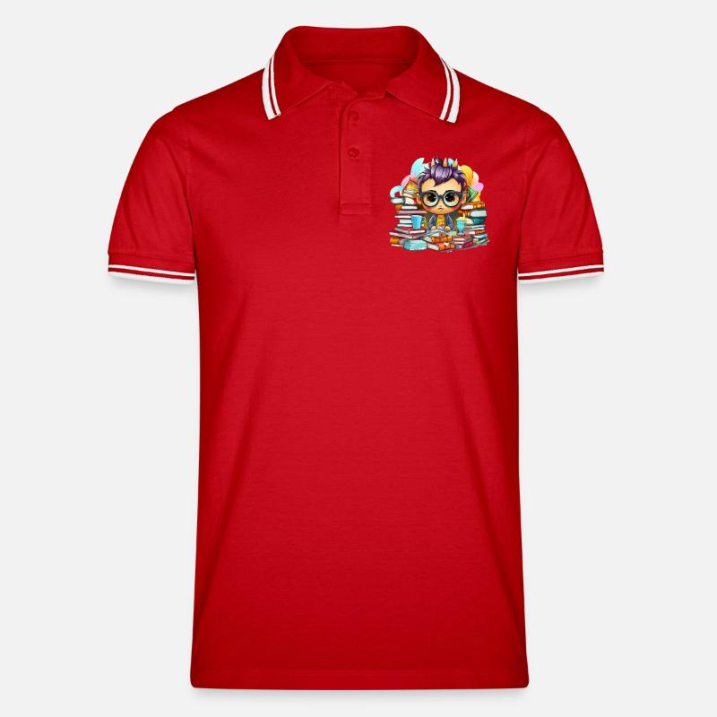 Lernheld Chibi mit Büchern - Männer Tipped Poloshirt - Rot/Weiß