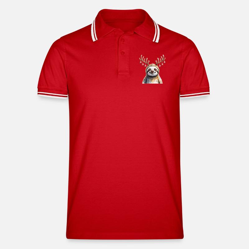 Faultier Mit Rentiergeweih Und Weihnachtskugeln - Männer Tipped Poloshirt - Rot/Weiß