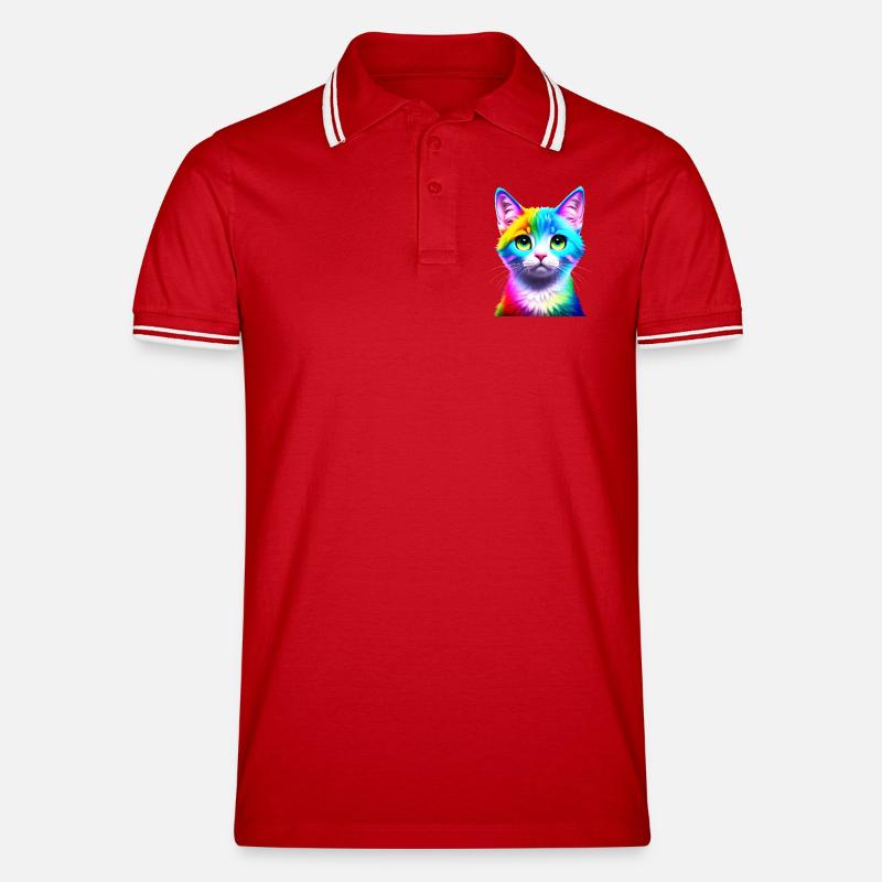 Regenbogenkatze Neonkunst - Männer Tipped Poloshirt - Rot/Weiß