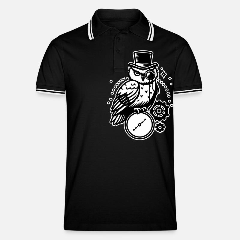 Steampunk Eule und Uhr Design - Männer Tipped Poloshirt - Schwarz/Weiß