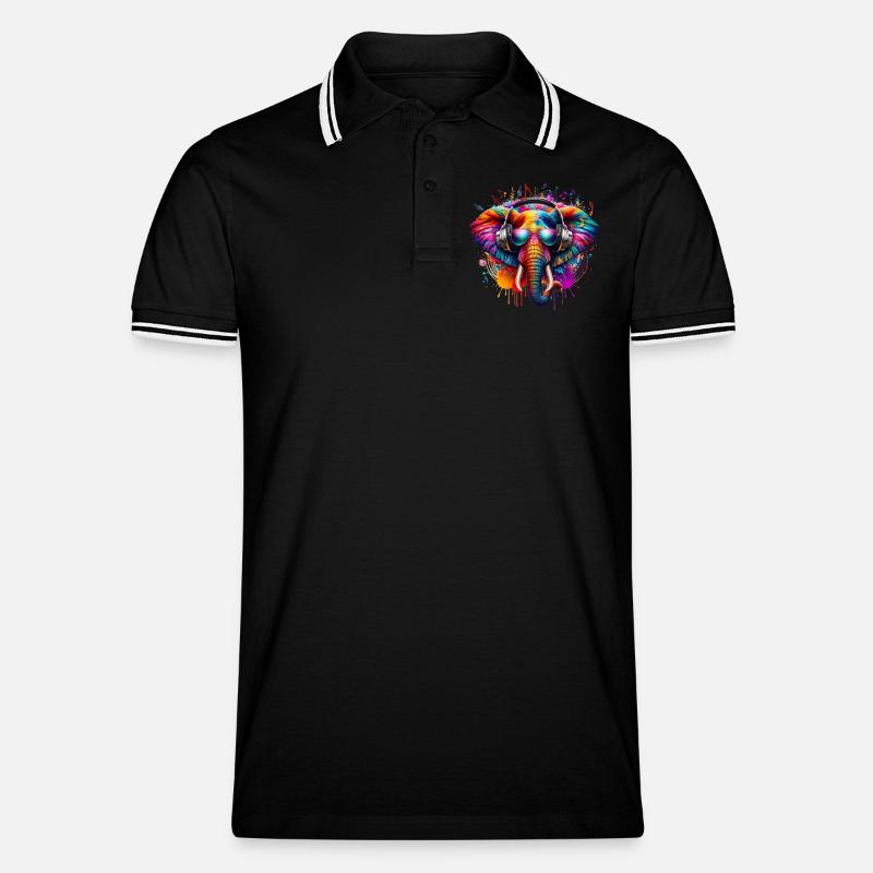 Bunter Elefant mit Kopfhörern - Männer Tipped Poloshirt - Schwarz/Weiß
