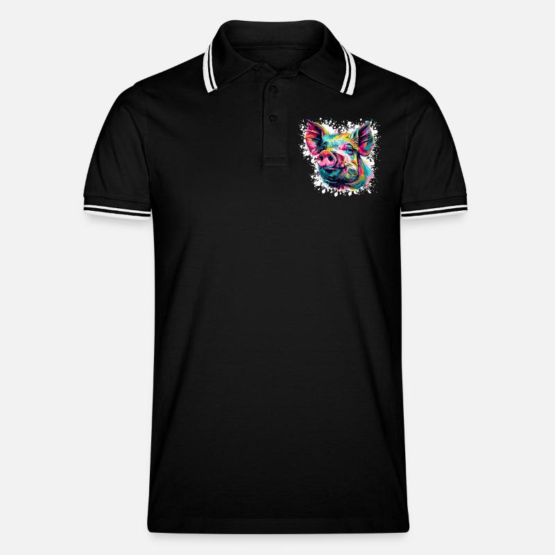 Pop-Art Schwein Kopf Farbexplosion - Männer Tipped Poloshirt - Schwarz/Weiß