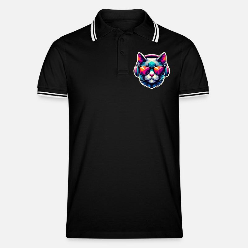 Katze Brille Kopfhörer bunt polygon - Männer Tipped Poloshirt - Schwarz/Weiß