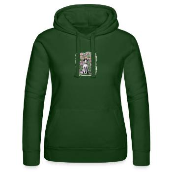 Illustration d’un chat sphynx parmi les fleurs - Sweat à capuche Russell Femme - vert bouteille - Devant - Liana (172cm)