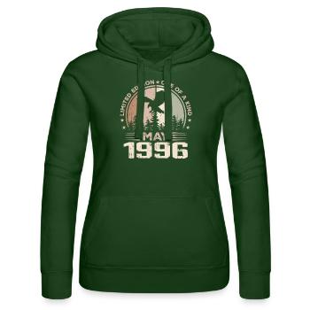 Unvergleichlich seit Mai 1996, 28-jähriges Jubiläum - Frauen Kapuzen Sweater von Russell - Flaschengrün - Vorne - Liana (172cm)