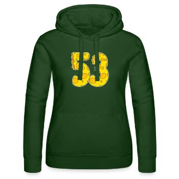 53 years of Lustig Käse - Women’s Hooded Sweater by Russell - bottle green - Front - Liana (172cm)