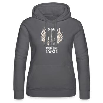 Vintage Rockin' seit 1981, 44 Jahre Classic - Frauen Kapuzen Sweater von Russell - Schwarz - Vorne - Marisol (170cm)