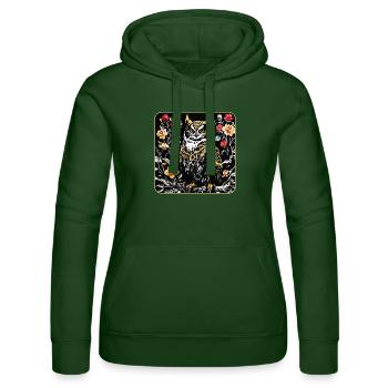 Hibou avec pétales de rose en aspect gravure sur bois - Sweat à capuche Russell Femme - vert bouteille - Devant - Liana (172cm)