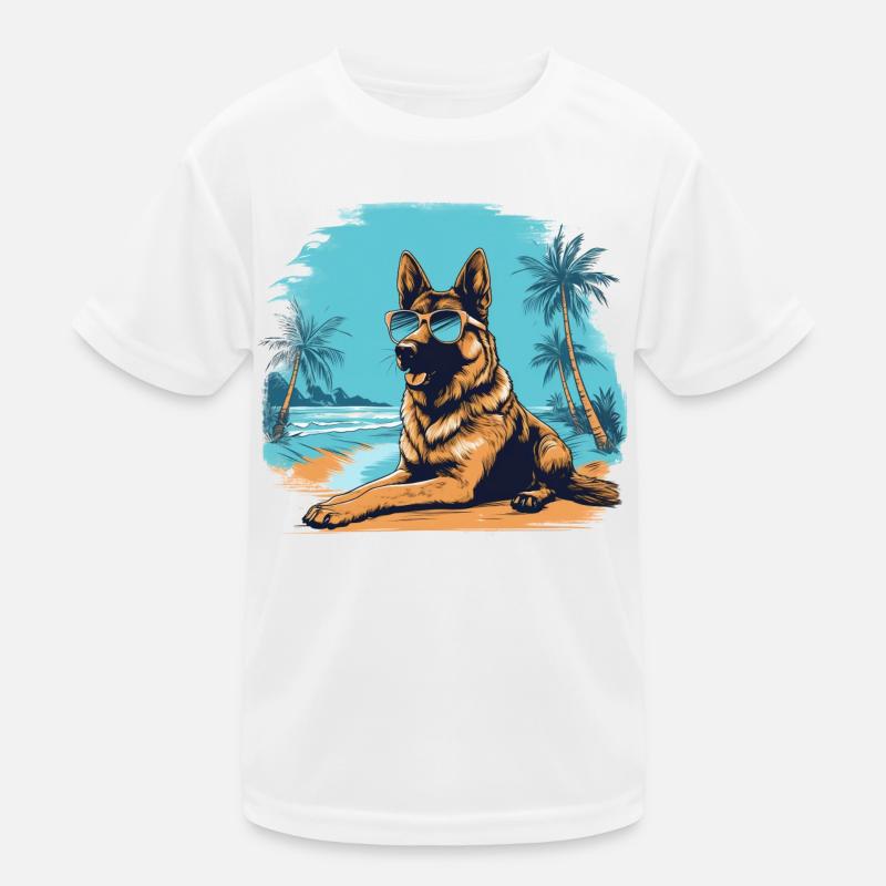 Schäferhund mit Sonnenbrille am Strand Kinder Funktions-T-Shirt