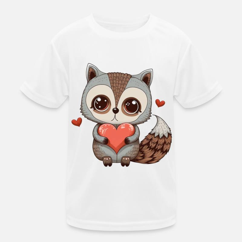 Süßer Waschbär umarmt ein Herz Zeichnung Liebe Kinder Funktions-T-Shirt