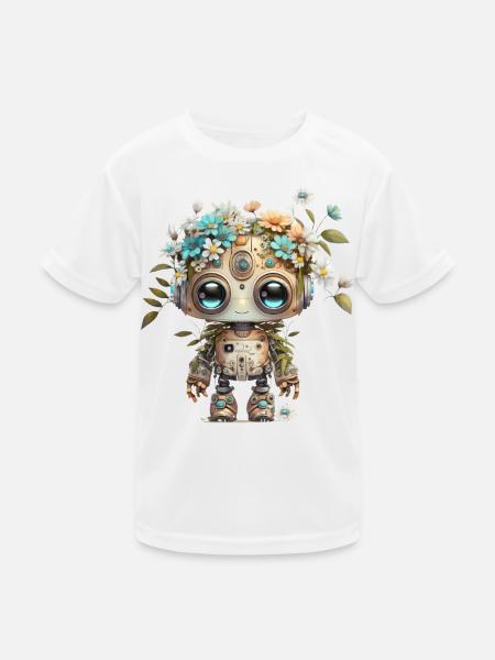 Bezaubernder Roboter mit Blumen - Kinder Funktions-T-Shirt - Weiß - Vorne