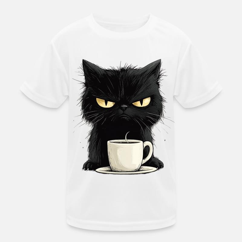 Grumpy nasty cat with morning coffee Kids Functional T-Shirt