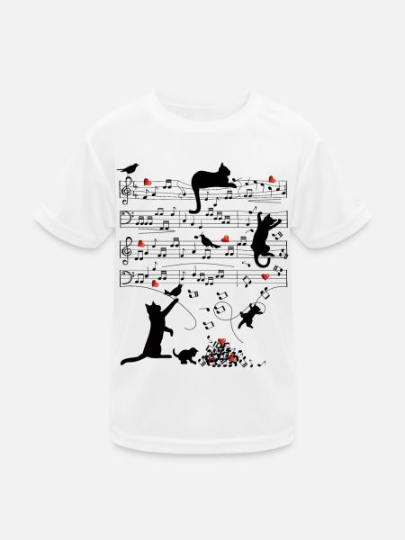 Notenblatt Katzen Herzen Musik Amsel - Kinder Funktions-T-Shirt - Weiß