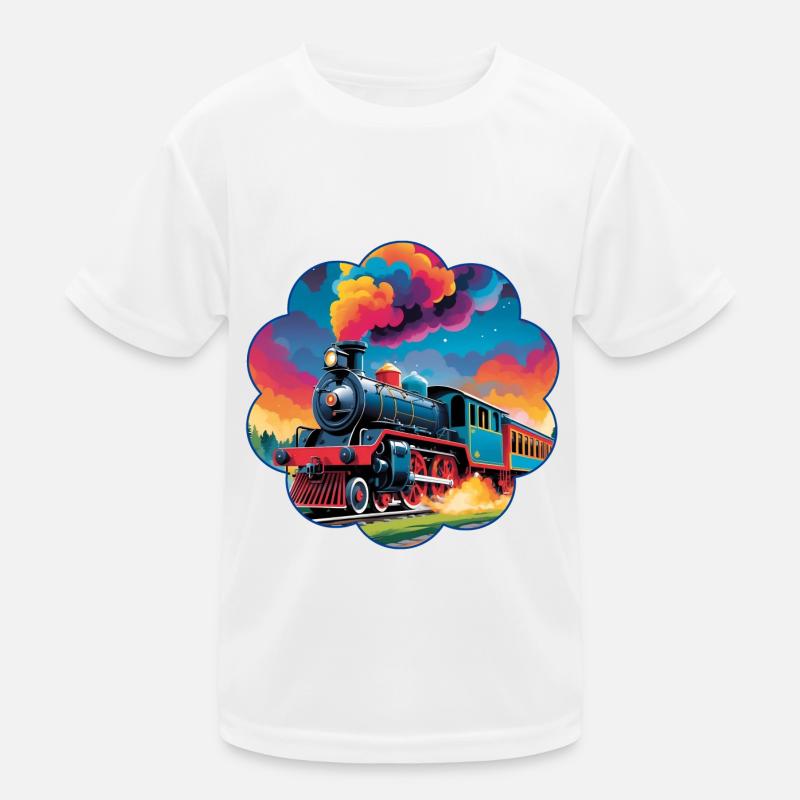 Bunte Eisenbahn mit rauchender Dampflokomotive Kinder Funktions-T-Shirt