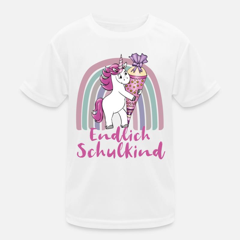 Endlich Schulkind Einhorn mit Regenbogen - Kinder Funktions-T-Shirt - Weiß