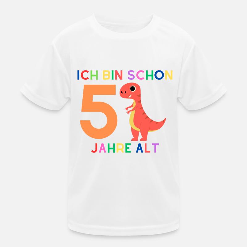 Ich bin 5 Junge, Dinosaurier - Kinder Funktions-T-Shirt - Weiß