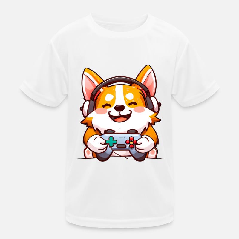 00239 Corgi mit Kopfhörer und Controller Kinder Funktions-T-Shirt