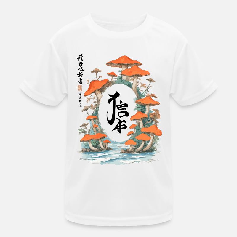 Magic Mushroom Scene in Ukiyo-E Kanji Style Kids Functional T-Shirt
