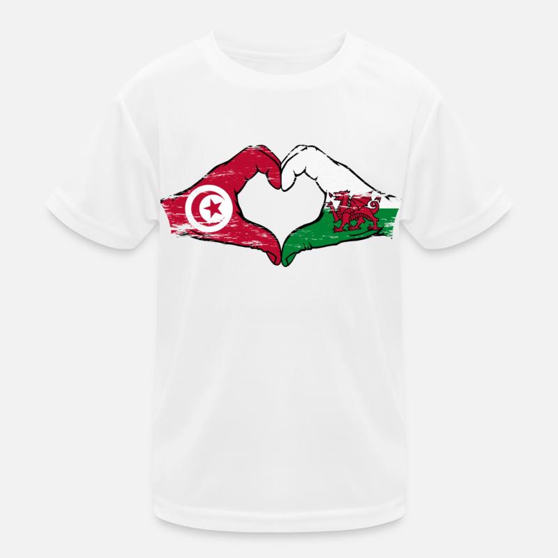 Tunisie Pays de Galles drapeau mains coeur utilisé T-shirt sport Enfant
