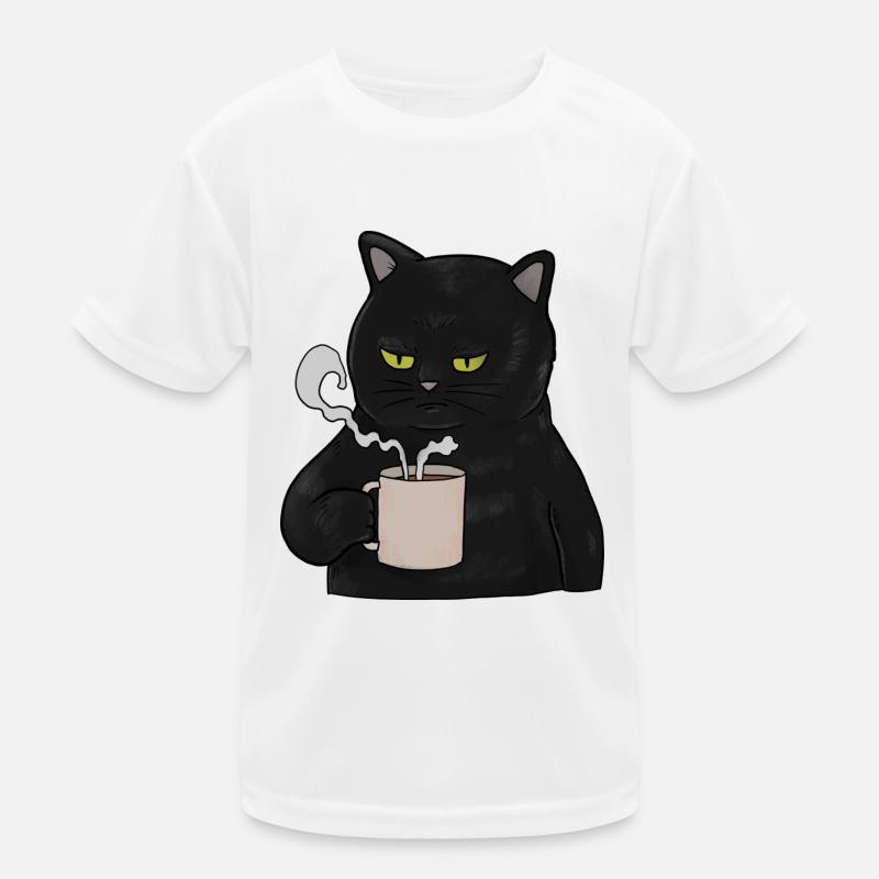 Mürrische schwarze Katze mit Kaffee Morgenmuffel Kinder Funktions-T-Shirt