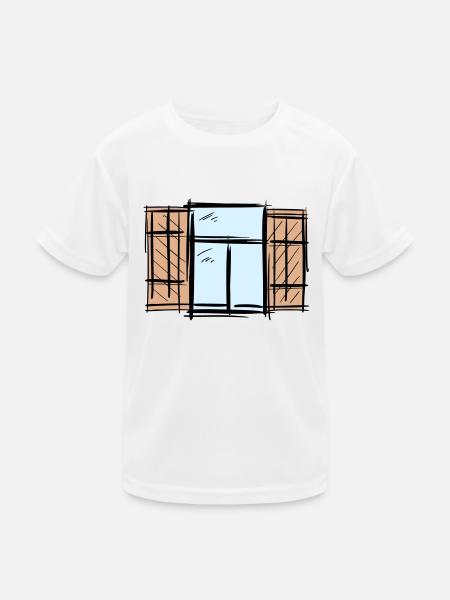Old Window with Shutters Hinged Shutters Drawing - Kids Functional T-Shirt - white - Front