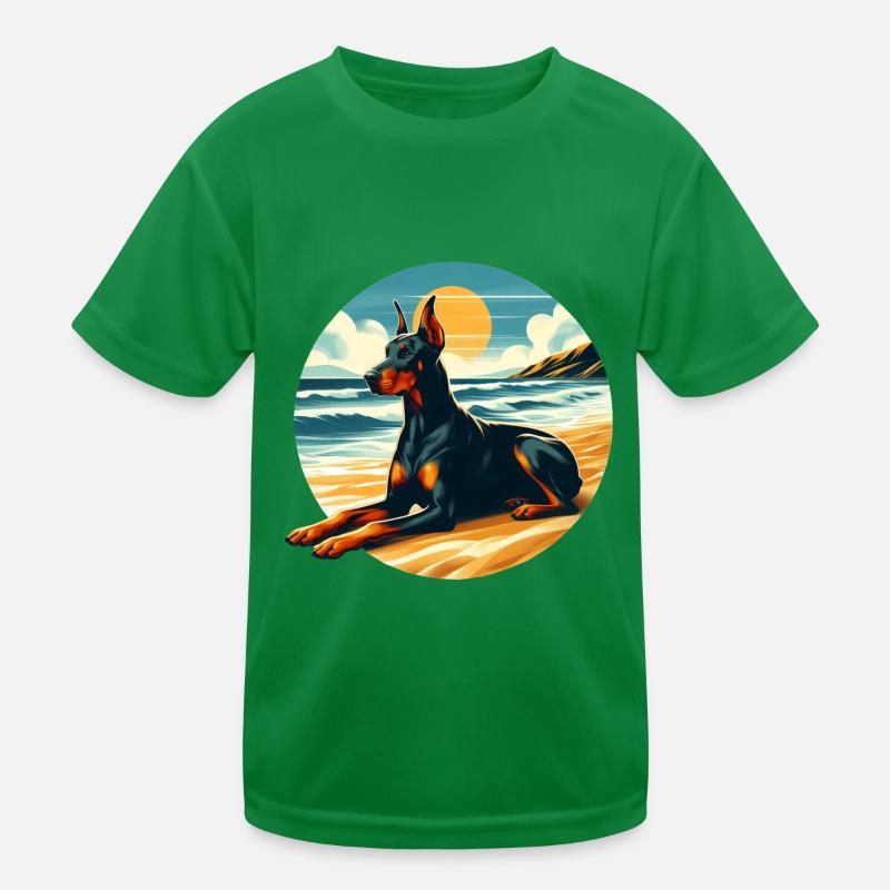 Dobermann am Strand Kinder Funktions-T-Shirt