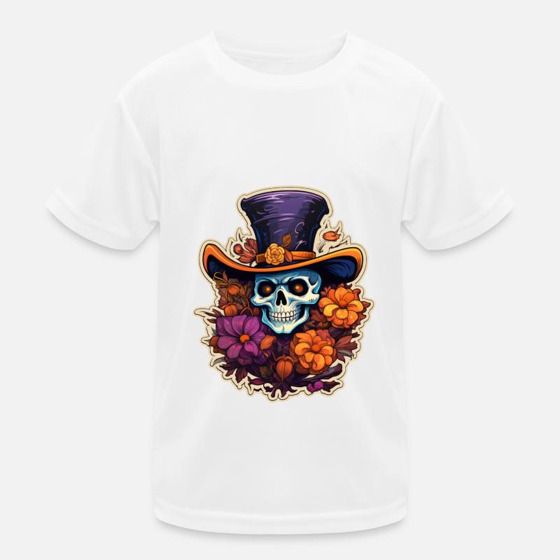 Skull with flowers and hat Halloween Kids Functional T-Shirt