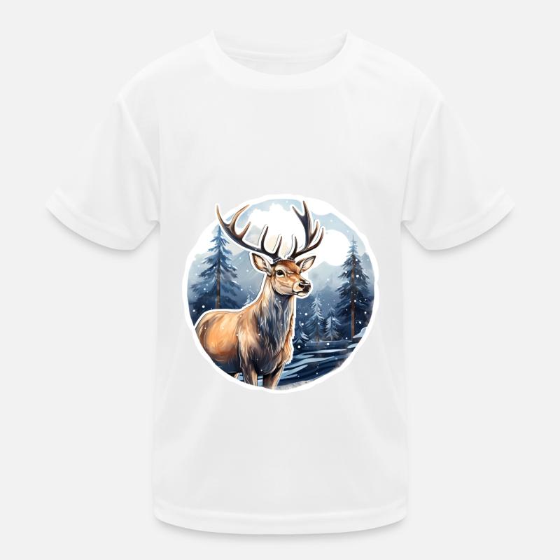 Schneebedeckte Winterlandschaft mit Hirsch Kinder Funktions-T-Shirt